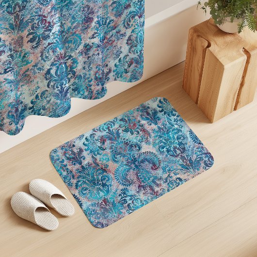 Grunge Damask Denim Blue Burgundy Peach Blush Pink Badmat