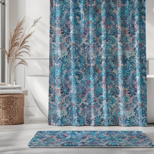 Grunge Damask Denim Blue Burgundy Peach Blush Pink Douchegordijn