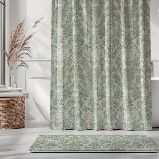 Grunge Damask Duck Egg Blue Sage Green Douchegordijn