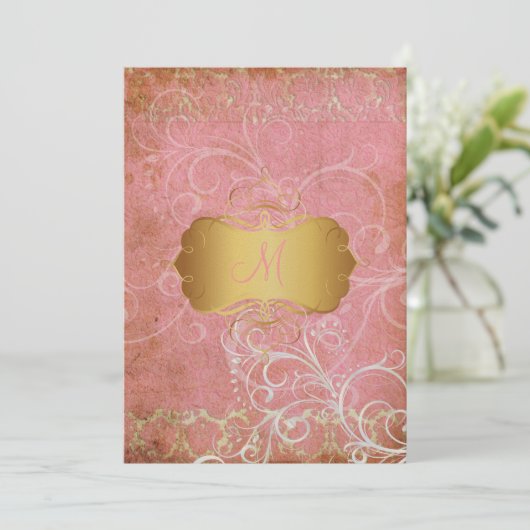  grunge damask/monogram Wedding Invitting Kaart (Staand voorkant)