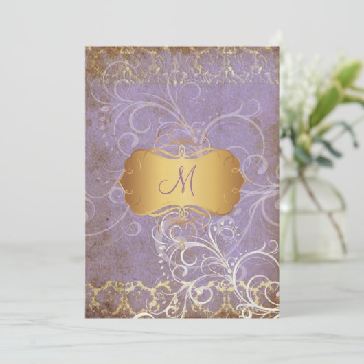  grunge damask/monogram Wedding Invitting Kaart (Staand voorkant)