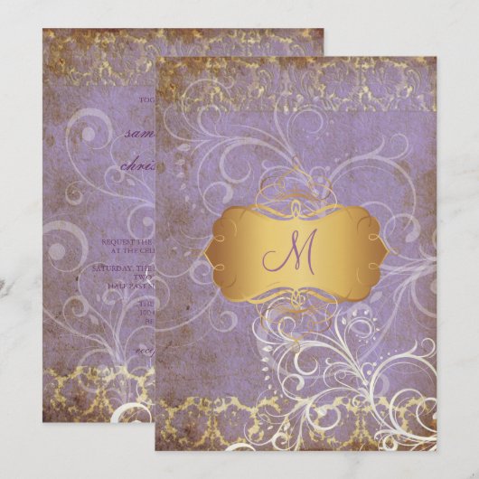 grunge damask/monogram Wedding Invitting Kaart (Voorkant / Achterkant)