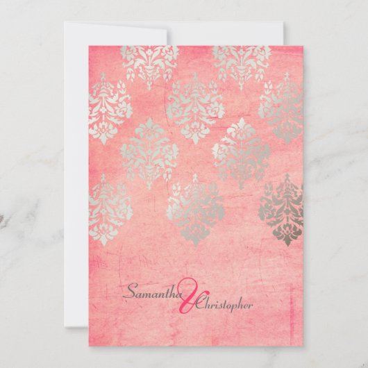 Grunge Damask/roze/faux Silver trouwuitnodigingen Kaart (Voorkant)