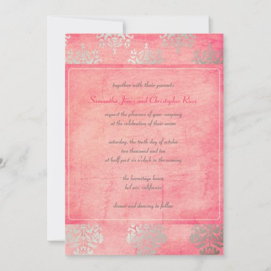 Grunge Damask/roze/faux Silver trouwuitnodigingen Kaart (Achterkant)
