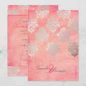 Grunge Damask/roze/faux Silver trouwuitnodigingen Kaart (Voorkant / Achterkant)