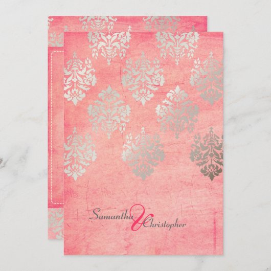 Grunge Damask/roze/faux Silver trouwuitnodigingen Kaart (Voorkant / Achterkant)