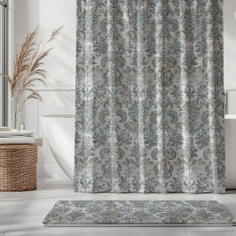 Grunge Damask Taupe Hemelblauw Crème Grijs Douchegordijn