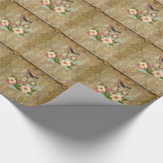 Grunge, , damast, bloemenvogel, Victoriaans Cadeaupapier (Hoek)