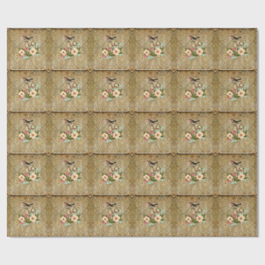 Grunge, , damast, bloemenvogel, Victoriaans Cadeaupapier (Vlak)