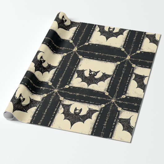 Grunge Denim Halloween Patchwork met vleermuizen Cadeaupapier (Uitgerold)