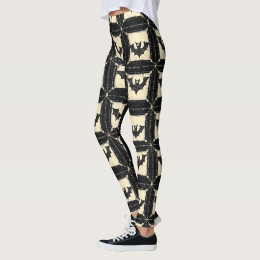 Grunge Denim Halloween Patchwork met vleermuizen Leggings (Links)