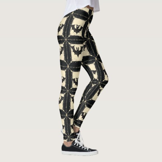 Grunge Denim Halloween Patchwork met vleermuizen Leggings (Rechts)