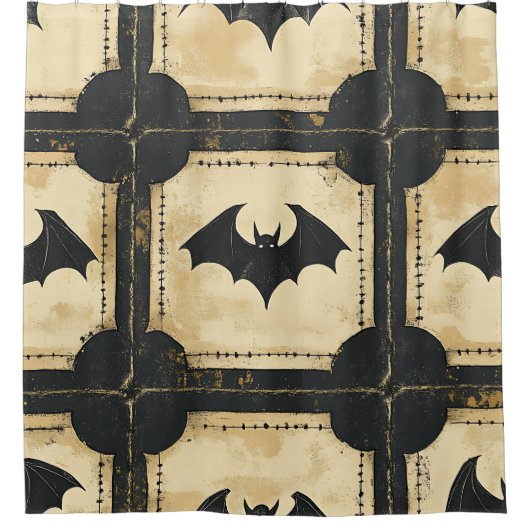 Grunge Denim Halloween Patchwork with Bats (2) Douchegordijn (Voorkant)