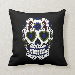 Grunge Dia de los Muertos Blauw & Rood Kussen