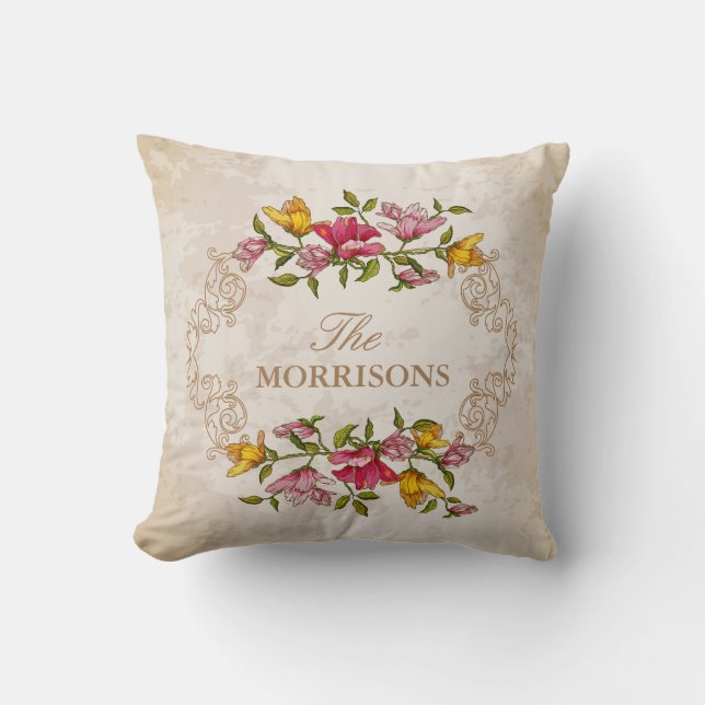  Grunge Floral Wreatmonogram Familienaam Kussen (Voorkant)