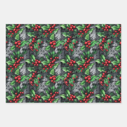 Grunge geïnspireerd rode & groene hulst op stadsmu inpakpapier vel (Voorkant 2)