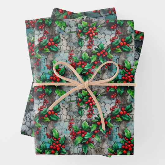 Grunge geïnspireerd rode & groene hulst op stadsmu inpakpapier vel (In situ)