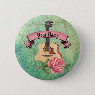 Grunge gitaar en rozen ronde button 5,7 cm