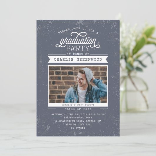 Grunge Graduation Party Invitation with Photo Kaart (Staand voorkant)