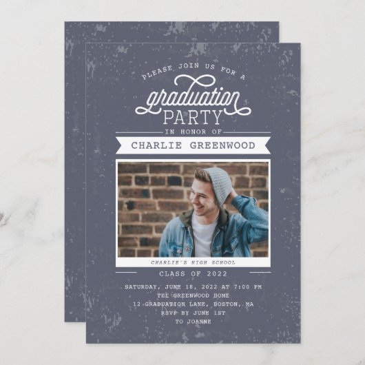 Grunge Graduation Party Invitation with Photo Kaart (Voorkant / Achterkant)