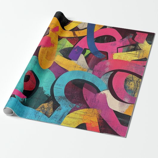 Grunge Graffiti Abstract in Roze Geel Blauw Cadeaupapier (Uitgerold)