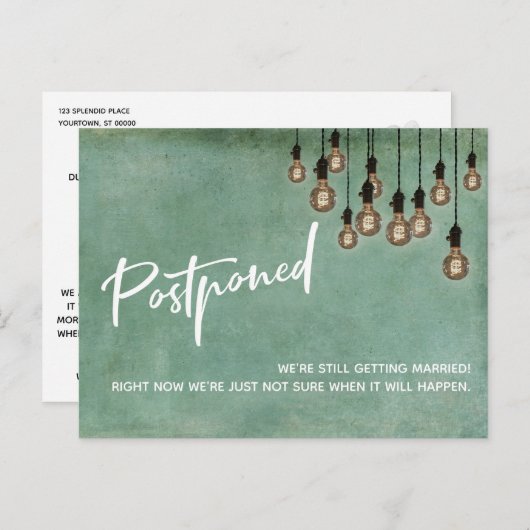 Grunge Green met Edison Lights Postponed Wedding Briefkaart (Voorkant / Achterkant)