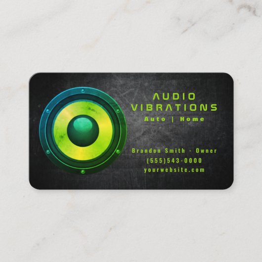 Grunge Green Speaker Car Audio Stereo Installatie Visitekaartje (Voorkant)
