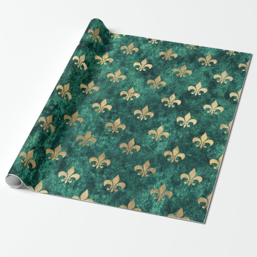 Grunge Green Velvet Fleur De Lis Mardi Gras Cadeaupapier (Uitgerold)