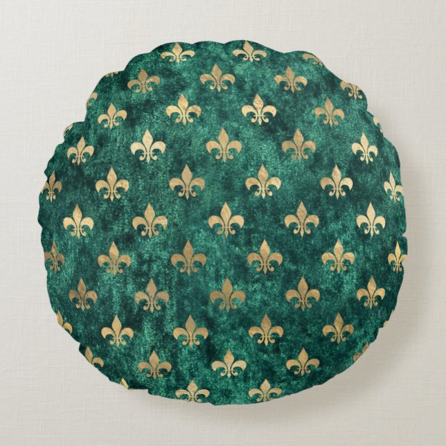 Grunge Green Velvet Fleur De Lis Mardi Gras Rond Kussen (Voorkant)