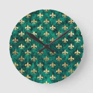 Grunge Green Velvet Fleur De Lis Mardi Gras Ronde Klok