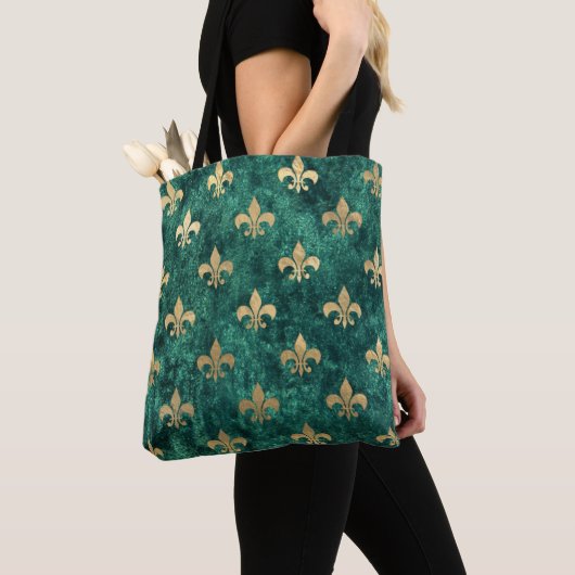 Grunge Green Velvet Fleur De Lis Mardi Gras Tote Bag (Dichtbij)