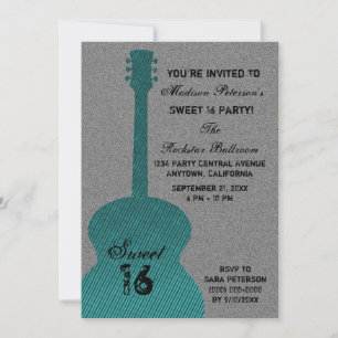 Grunge Guitar Stripes Sweet Sixteen Invite, Blauwg Kaart