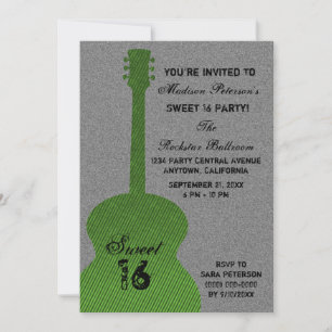 Grunge Guitar Stripes Sweet Sixteen Invite, Green Kaart