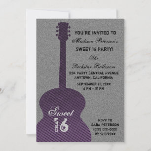 Grunge Guitar Stripes Sweet Sixteen Invite, Paars Kaart