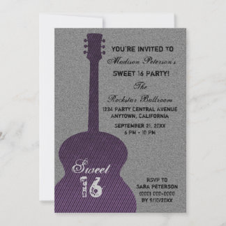 Grunge Guitar Stripes Sweet Sixteen Invite, Paars Kaart