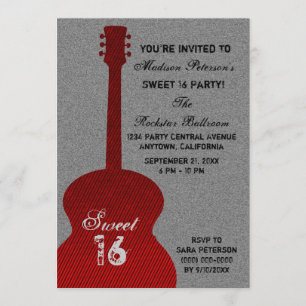 Grunge Guitar Stripes Sweet Sixteen Invite, Red Kaart