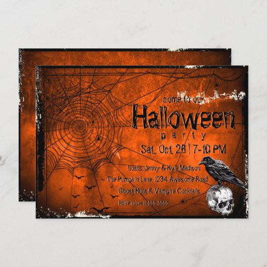 Grunge Halloween Spiderwebs, Raven & Skull Kaart (Voorkant / Achterkant)