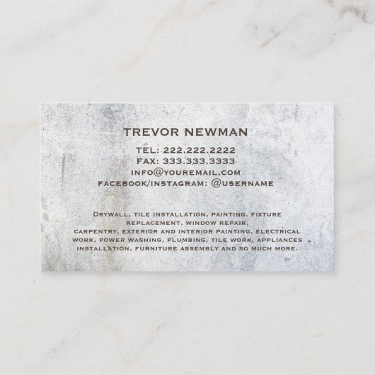 Grunge Handyman Carpenter Gereedschap Beton Visitekaartje (Achterkant)