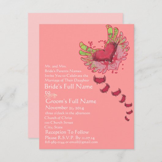Grunge Hart Raspberry Roze Huwelijksuitnodiging Uitnodiging Briefkaart (Voorkant / Achterkant)