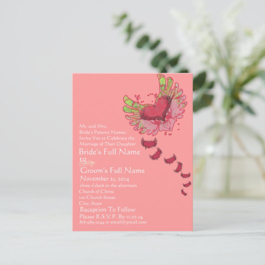 Grunge Hart Raspberry Roze Huwelijksuitnodiging Uitnodiging Briefkaart (Staand voorkant)