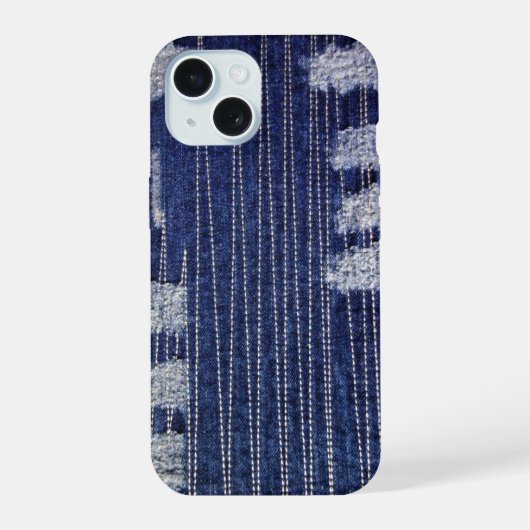 Grunge indigo denim met decoratieve stiksels iPhone 15 case (Achterkant)