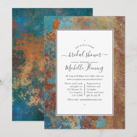 Grunge Koper Patina & Turquoise Virtuele Bruilofts Kaart (Voorkant / Achterkant)