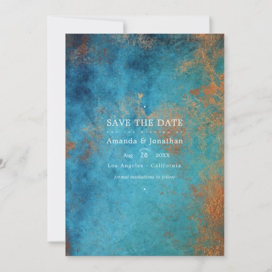 Grunge Koperen Patina en Turquoise Bruiloft Save The Date (Voorkant)