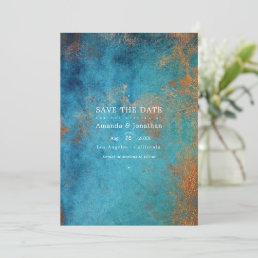 Grunge Koperen Patina en Turquoise Bruiloft Save The Date (Staand voorkant)