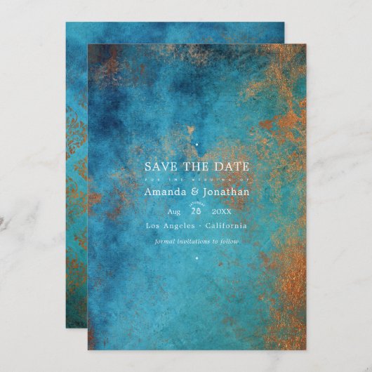 Grunge Koperen Patina en Turquoise Bruiloft Save The Date (Voorkant / Achterkant)