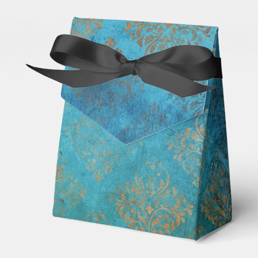 Grunge koperen patina en turquoise damast bedankdoosjes (Voorkant Zijde)