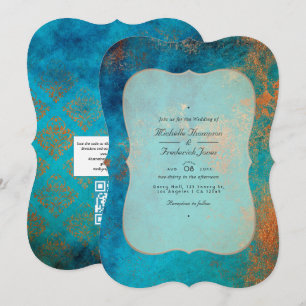 Grunge Koperen Patina en Turquoise QR Code Bruilof Kaart
