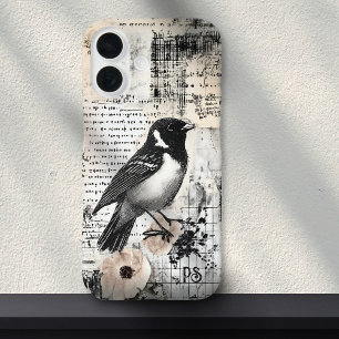 Grunge krant Bird Collage Scrapbook Monogram iPhone 16 Hoesje