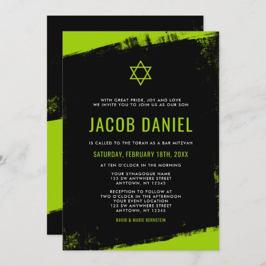 Grunge Lime Green Black Bar Mitzvah Invitaties Kaart (Voorkant / Achterkant)