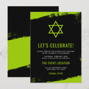 Grunge Lime Green Black Bar Mitzvah Reception Kaart